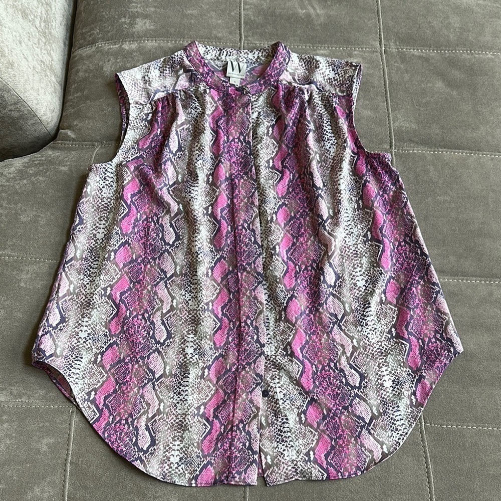 Worthington Purple and Gray Sleeveless Blouse with Mandarin Collar